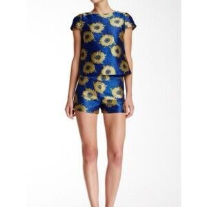 Alice + Olivia Jorgie Royal Blue/ Sunflower Jacquard Cap Sleeve Blouse Size XS